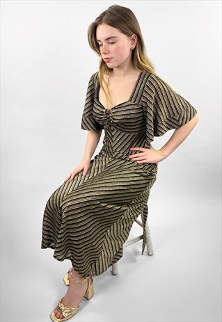 70'S GOLD BLACK LUREX FLUTED SLEEVE EVENING MIDI DRESS