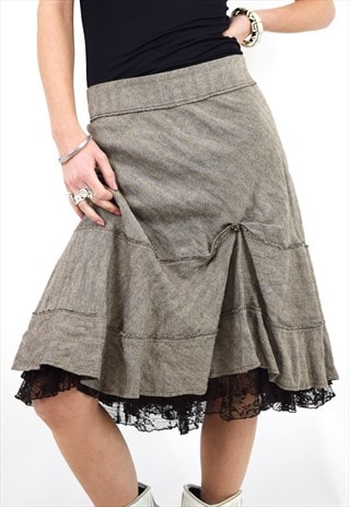 Vintage Y2K Midi Skirt in Gathered Pleated Tweed