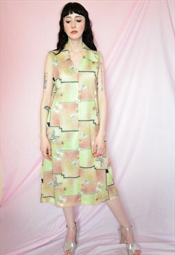 Vintage 70's Midi Shift Dress with Collar Butterfly Print 