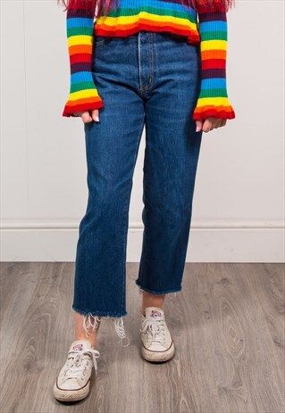 VINTAGE 90'S DARK BLUE DENIM HIGH WAIST RAW HEM MOM JEANS