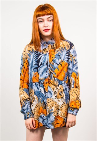 VINTAGE 90'S BLUE PALM & LEOPARD PRINT LONG SLEEVE SHIRT