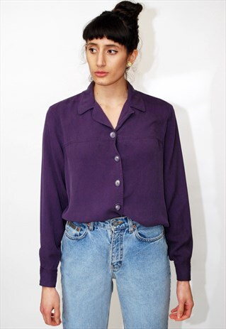 80S SILK BLOUSE (UK 10) VINTAGE PURPLE SHIRT TOP RIBBED 90S