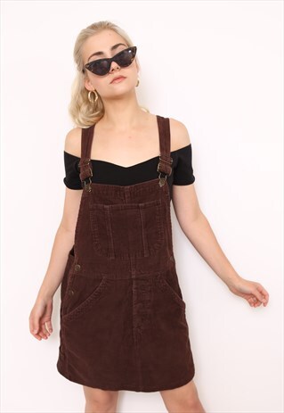 VINTAGE 90S BROWN CORD PINAFORE DUNGAREE DRESS