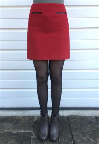 WOMENS VINTAGE STYLE RED PENCIL SKIRT FAUX LEATHER POCKETS