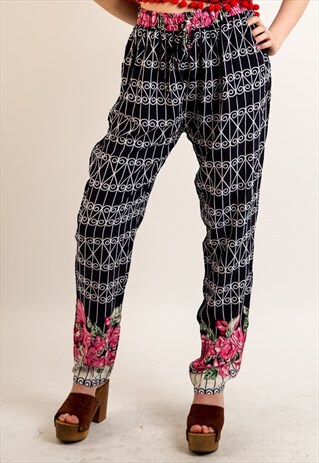 STRIPE & FLORAL PRINT LOOSE FIT COTTON TROUSERS