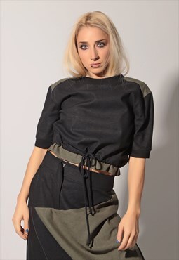 Two-toned cropped linen blouse with drawstring gathering 