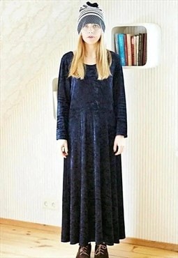 Dark blue maxi suede velour ribbed vintage dress