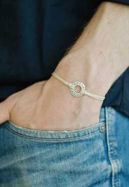 Silver circle bracelet for men beige cord karma mens jewelry