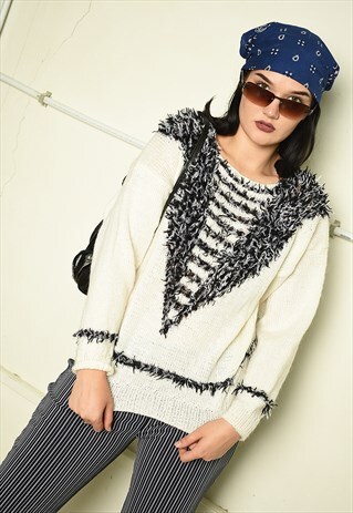 80'S RETRO FLUFFY FRINGED NEUTRAL KNIT JUMPER