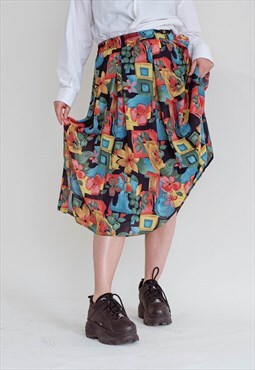Vintage 80s Geometric Floral MultiColor High Waist Skirt L