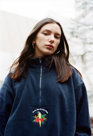 FLEECE IN NAVY WITH PARADISE ISLAND PARROT EMBROIDERY