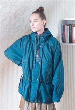 Dark green padded hooded vintage jacket with embroideries