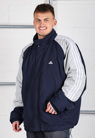 Vintage Adidas Parka Coat in Navy Padded Rain Jacket XL