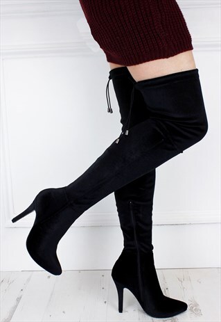 BLACK OVER KNEE VELVET STILETTO LACE UP POINTED BOOT