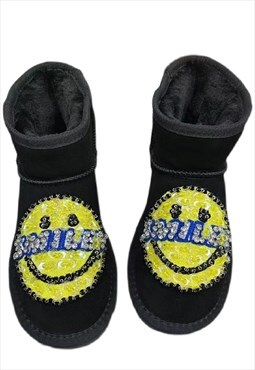 Customized smile boots emoji diamonds shoes in black