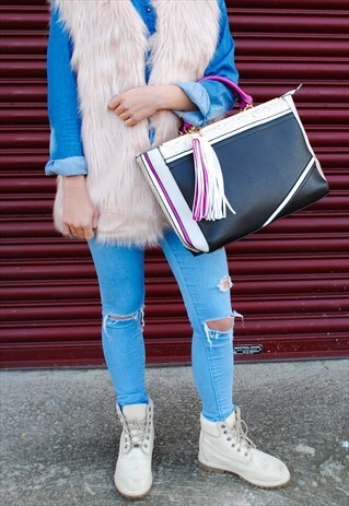 CIENNA BLACK TOTE BAG WITH FAUX SNAKESKIN TRIM AND TASSELS