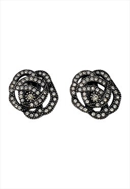 Christian Dior Earrings Silver Crystal Rose Flower Vintage