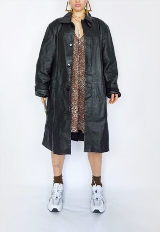 VINTAGE 90S 80S LONG LEATHER COAT / JACKET OVERSIZED MIDI