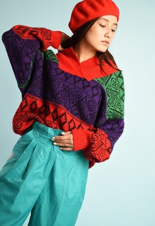 VINTAGE 80'S RETRO FOLK KNIT OVERSIZED JUMPER TOP