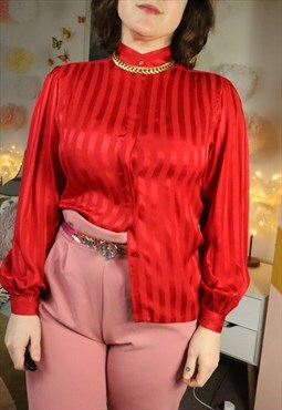 Vintage 70s Red Silky Silk Stripey Stripe Blouse Shirt Top