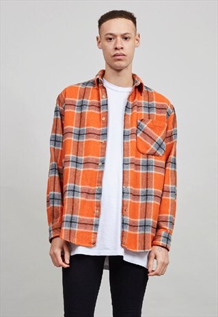 VINTAGE 90'S ORANGE TARTAN FLANNEL WORKMAN SHIRT/ JACKET