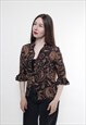 VINTAGE 90S PAISLEY BLOUSE, RUFFLE SLEEVE BLOUSE BROWN 
