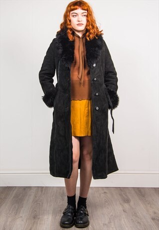 VINTAGE 70'S BLACK SUEDE & SHEARLING SHEEPSKIN LONG COAT