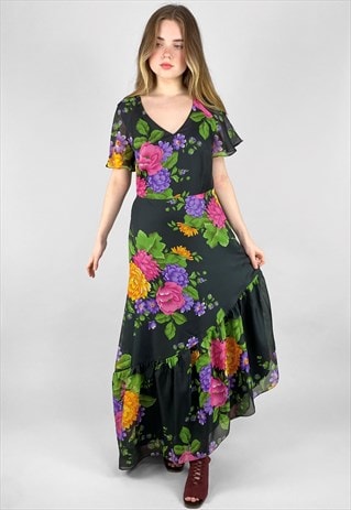 70's Vintage Ladies Black Asymmetric Floral Maxi Dress