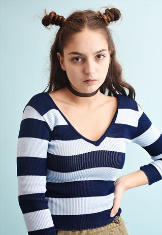 Y2K STRIPED PATTERN NAUTICAL TEEN PETITE KNIT JUMPER