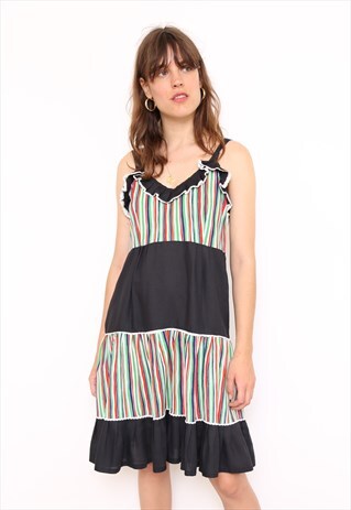 VINTAGE 70S MULTICOLOURED STRIPED RUFFLE DRESS