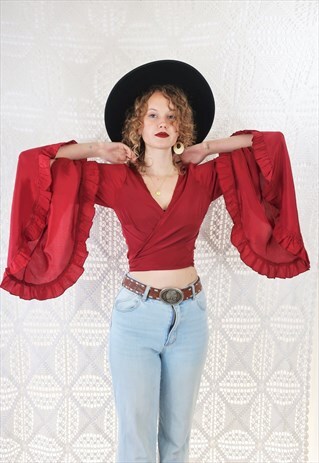 HANDMADE GYPSY FLARED SLEEVE WRAP TOP - PLAIN COLOUR - RED