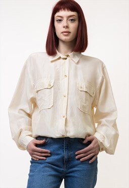 Silky Beige Buttons Up Blouse Shirt Oversized Summer 4916
