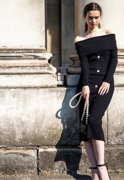 Off shoulder knit bodycon midi dress in black