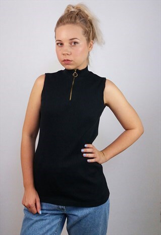 VINTAGE 90'S RIBBED HIGH ZIP NECK / TURTLENECK TOP/ VEST