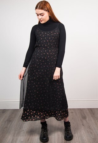 90'S BLACK SHEER FLORAL MIDI DRESS