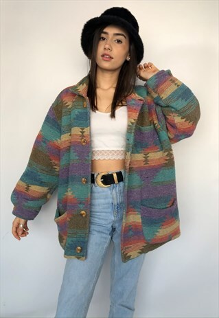 VINTAGE 90S AZTEC NAVAJO DESIGN WINTER COAT JACKET WOOL MIX