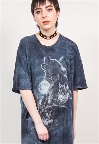 VINTAGE 90'S BLUE TIE DYE WOLF T-SHIRT