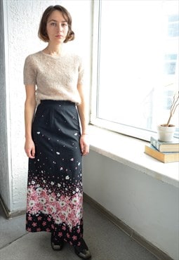 Vintage Black Flower Print High Waisted A Line Cotton Skirt