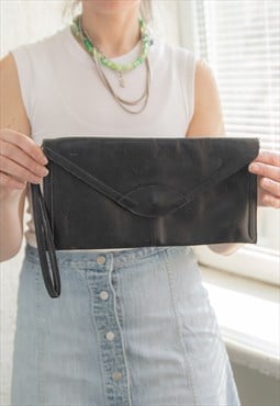 Vintage 80's Black Leather Clutch Bag