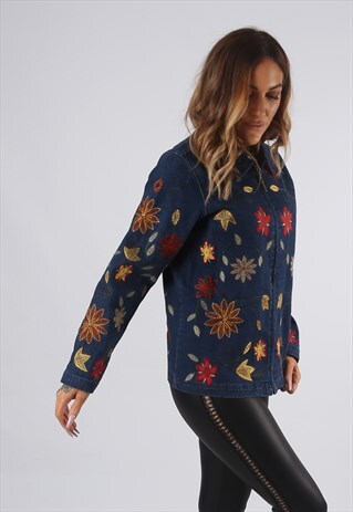 VINTAGE DENIM JACKET FLORAL EMBROIDERED UK 10 SMALL (QDG)