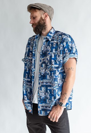 VINTAGE 80S PATTERNED FESTIVAL SHIRT IN BLUE