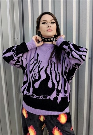 FLAME KNITTED SWEATSHIRT BOX FIT PURPLE FIRE KNITWEAR JUMPER