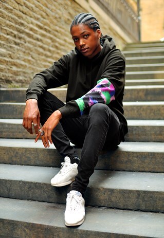 BLACK OVERSIZED COLOURFUL CAMO SLEEVE HOODIE