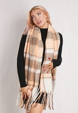 Beige And White Mono Knit Check Scarf