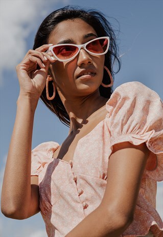 WHITE TRIANGLE CUT SUNGLASSES WITH PINK LENS