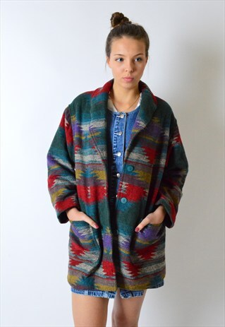 VINTAGE 90S COLOURFUL AZTEC WOOL BLEND COAT