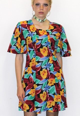 VINTAGE 80S FLORAL HAWAIIAN PRINT SKATER HOLIDAY DRESS
