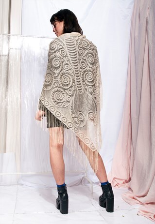 VINTAGE LACE SCARF BEIGE BUTTERFLY 70S FRINGE