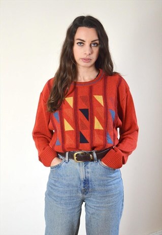 80S VINTAGE RED ABSTRACT PATTERN KNIT JUMPER