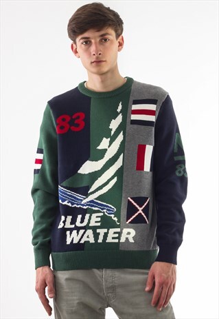 VINTAGE NAUTICA N-83 SAILING SWEATER GREEN GREY KNITTED
